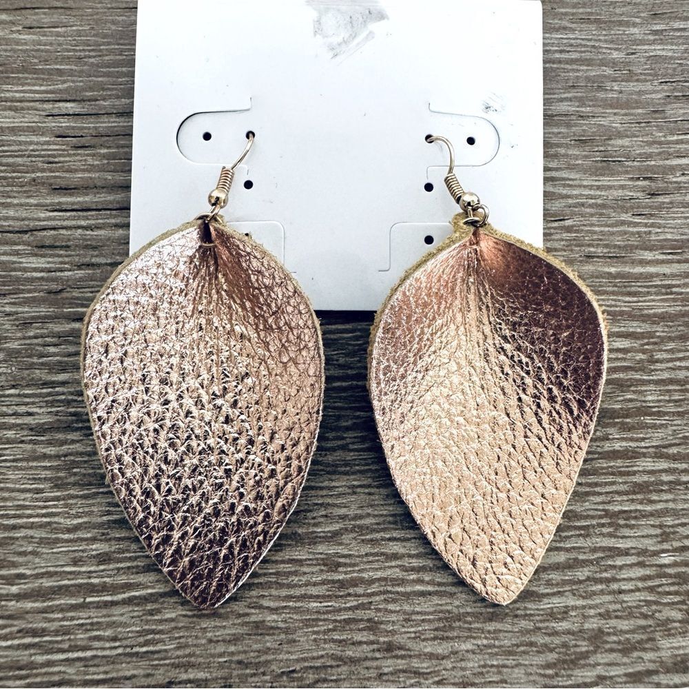 Rose Gold Copper Metallic Leather Leaf Earrings
